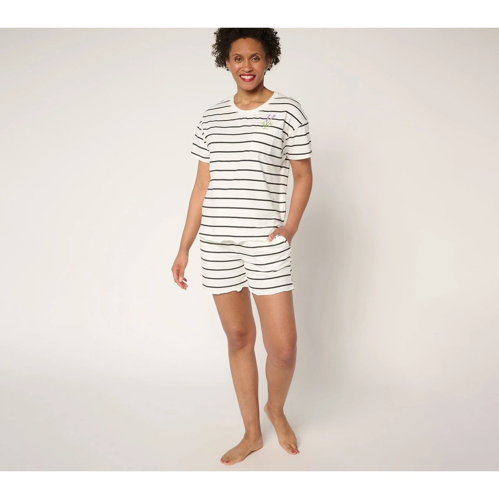 Muk Luks Cotton Rich Embroidered Tee and Short Lounge Set Black Stripe,Large